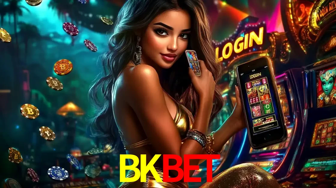 Mulher em um cenário de cassino temático de aventura, mostrando o app de caça-níqueis da BKBET no celular. Fichas de apostas flutuam ao redor.