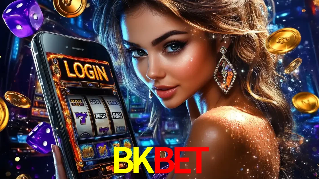 Mulher glamorosa segurando um smartphone com a tela de login para os jogos de caça-níqueis do cassino online BKBET, com moedas de ouro e dados ao redor.