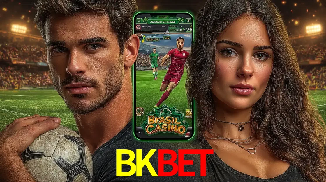 Homem segurando uma bola de futebol e uma mulher ao lado de um smartphone exibindo o jogo de apostas esportivas da BKBET. Faça seu palpite no cassino online.